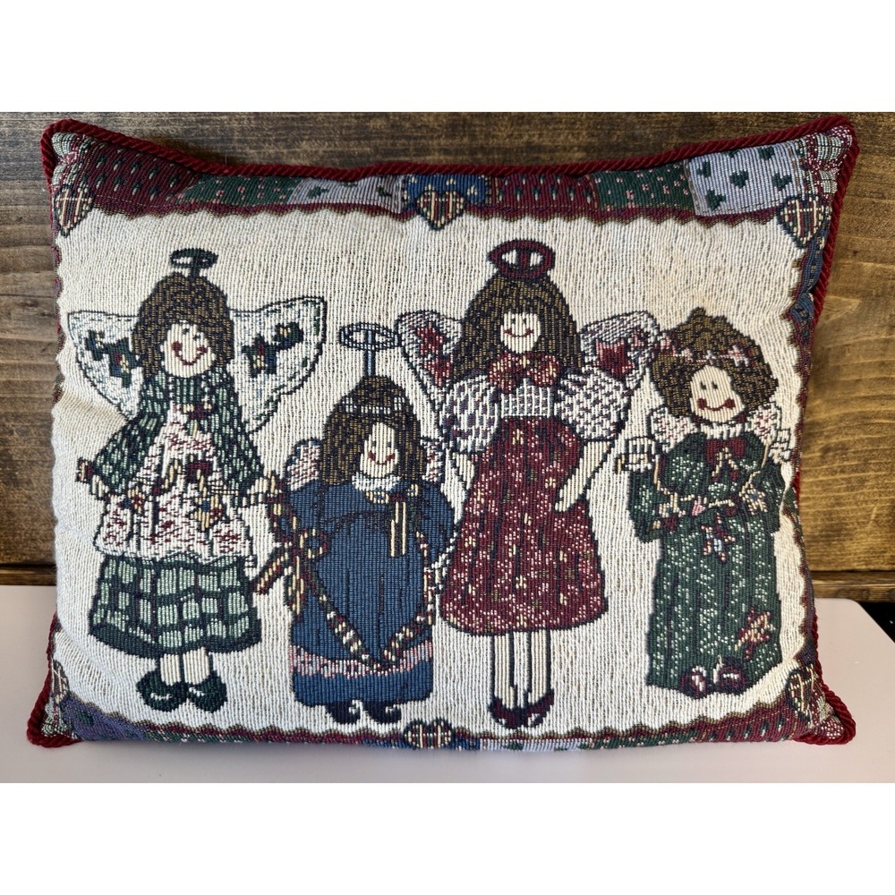 Vintage Angel‎ Tapestry Christmas Boudior Pillow 12x16 in EUC